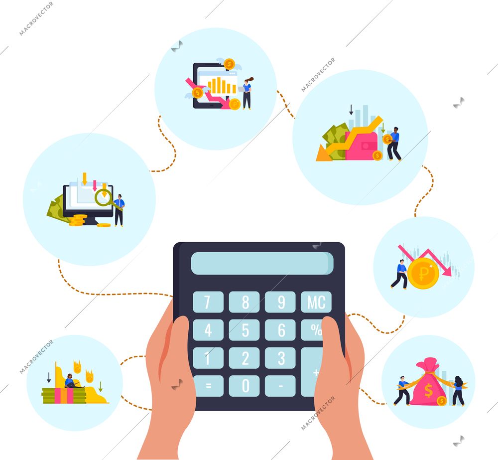 Economy crisis flat composition with human hands holding calculator and economic recession financial symbols vector illustration