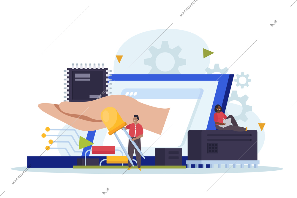 Microchip and computer hardware flat style concept with tiny people holding laptop and electronic circuit component vector illustration