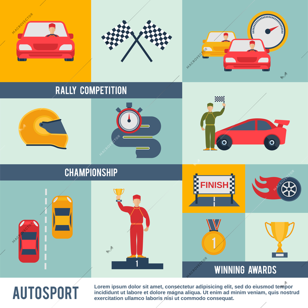 Auto sport flat icon set with rally competition championship winner awards elements isolated vector illustration