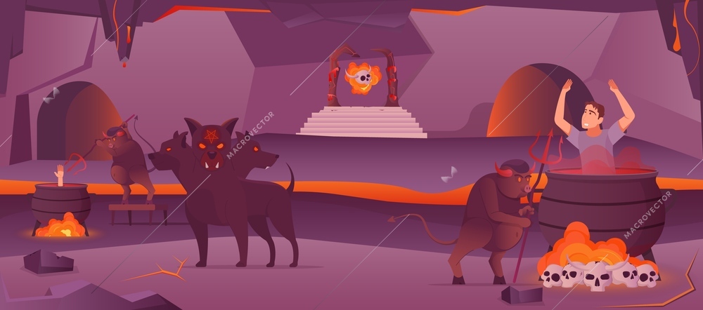 Hell cave scenery with hellhound and devils with pitchforks boiling sinners in cauldron flat vector illustration