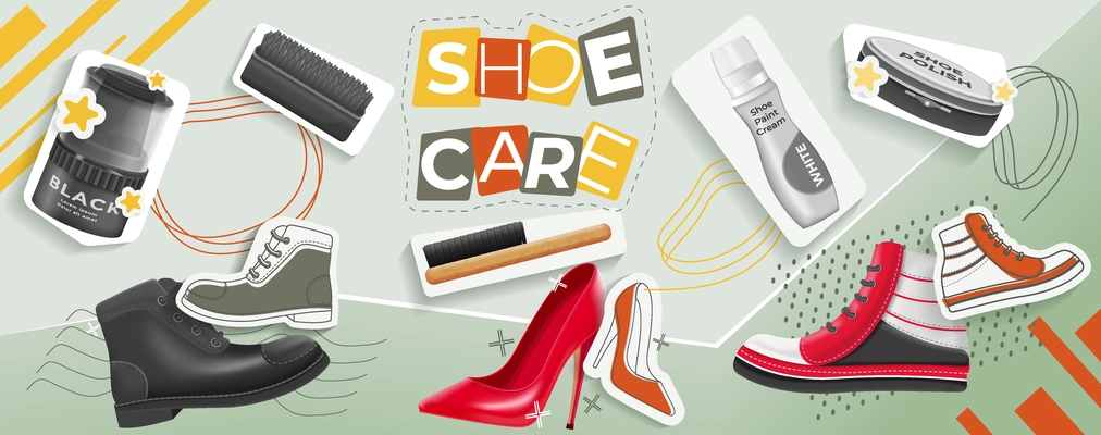 Realistic collage with shoe care tools and various footwear on colour background vector illustration