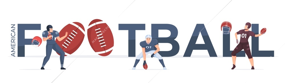 Flat american football text banner with characters of male players and balls vector illustration