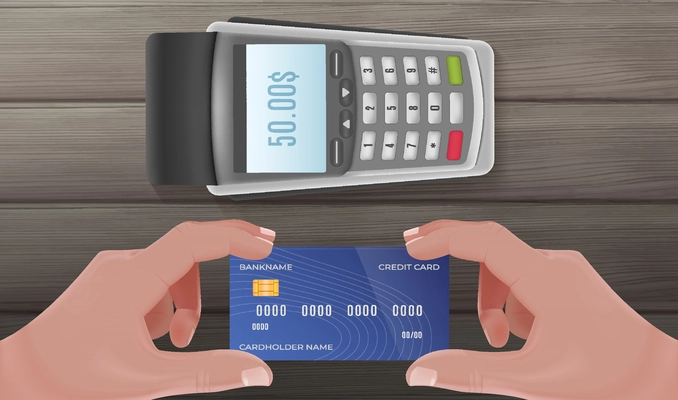 Human hands holding debit card near payment terminal on wooden table realistic vector illustration