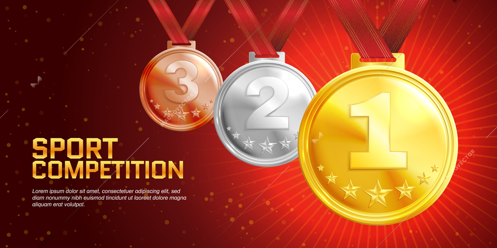 Sport competition colored realistic poster with golden silver and bronze awards on red ribbons vector illustration