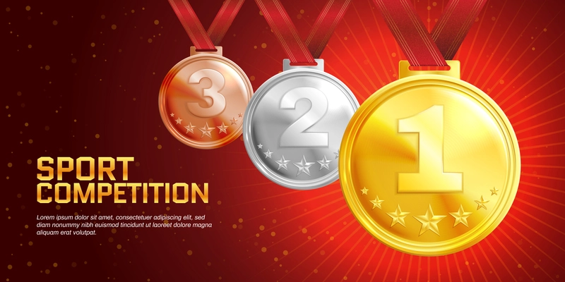 Sport competition colored realistic poster with golden silver and bronze awards on red ribbons vector illustration