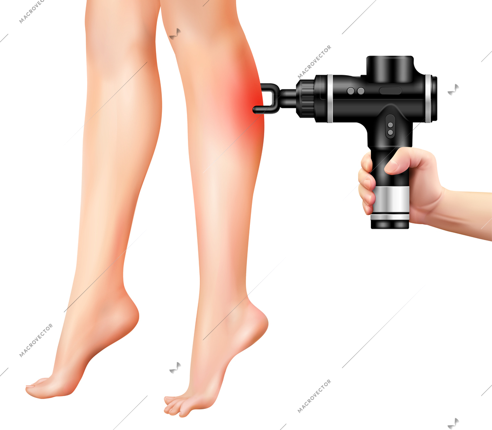 Male hand holding percussion massage gun relaxing calf muscles of young woman legs realistic vector illustration