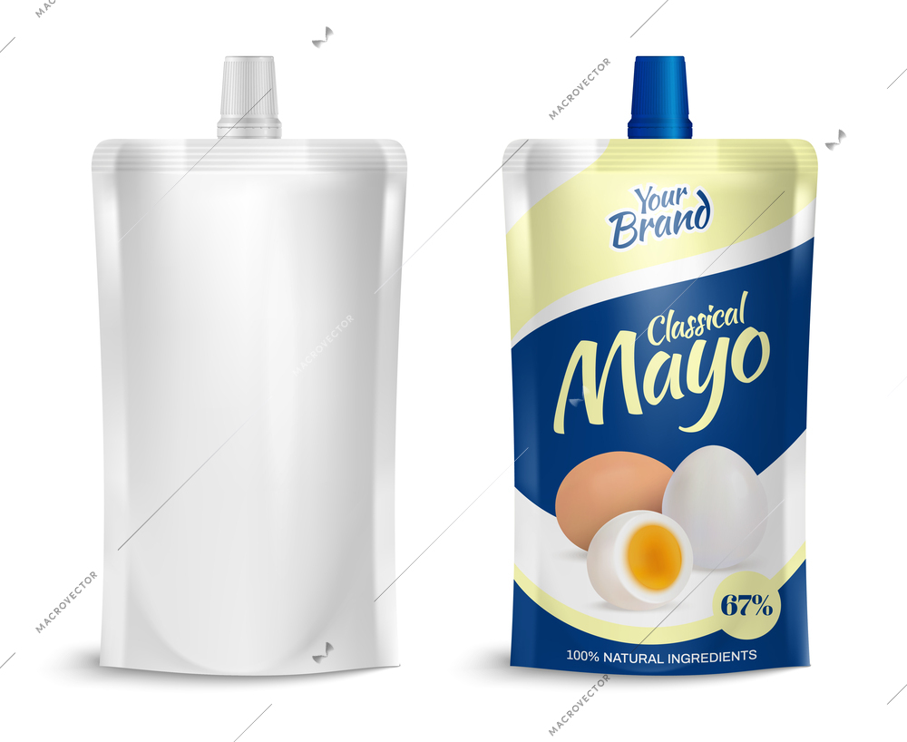 Realistic plastic pouch mockup with screw cap for mayonnaise packaging ad isolated vector illustration