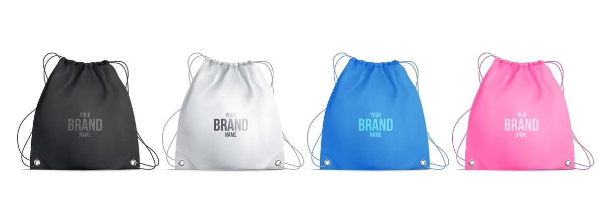 Four colorful drawstring bags with place for brand name realistic ad set isolated on white background vector illustration