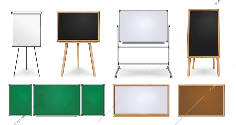 Realistic set of school green and black chalkboards magnetic marker boards cork board presentation screen isolated vector illustration