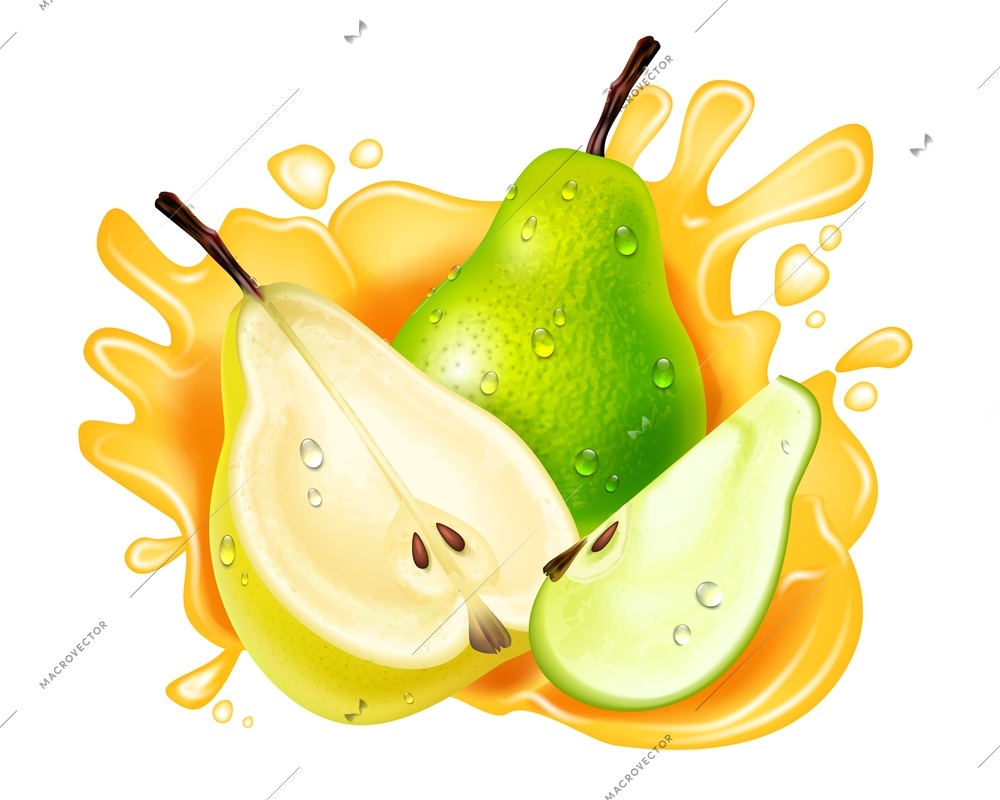 Realistic pear splash composition three pears whole half and quarter and bursts of juice around vector illustration