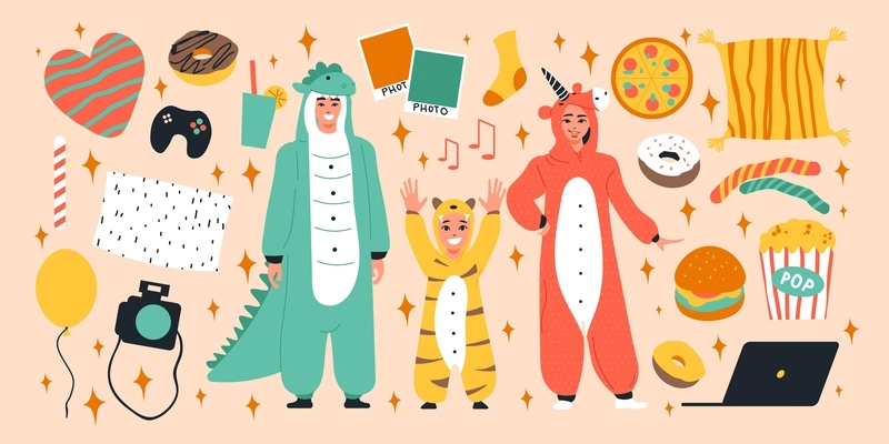 Kigurumi pyjamas big icon set with people in costumes and different party attributes vector illustration