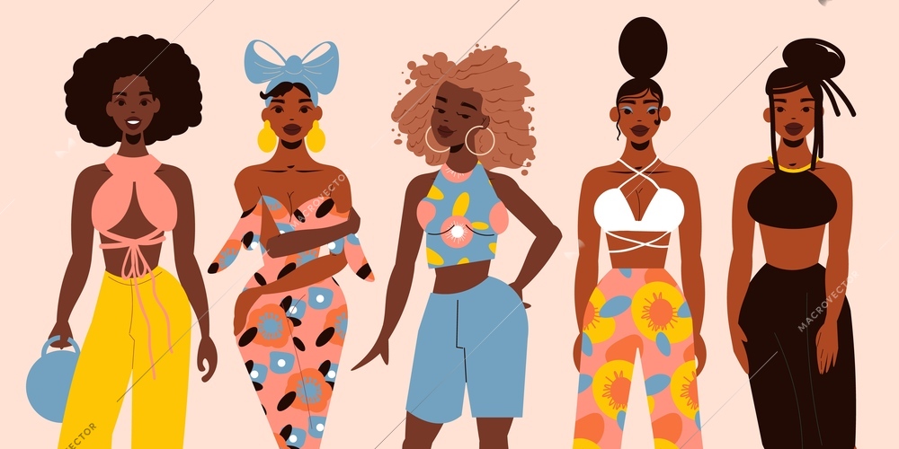 Colored black girls concept the girls are dressed in different styles and hairstyles vector illustration