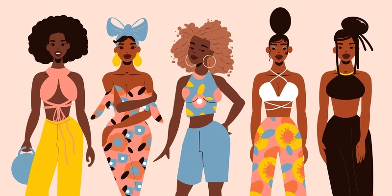 Colored black girls concept the girls are dressed in different styles and hairstyles vector illustration