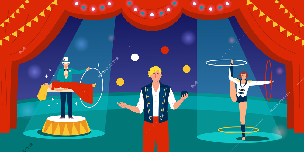 Circus flat composition with magician an juggler artist vector illustration