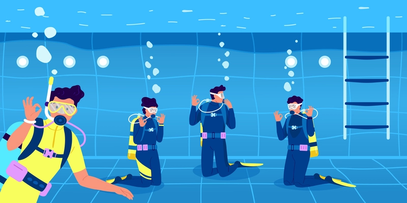 Diving flat composition with diver lesson in swimming pool vector illustration