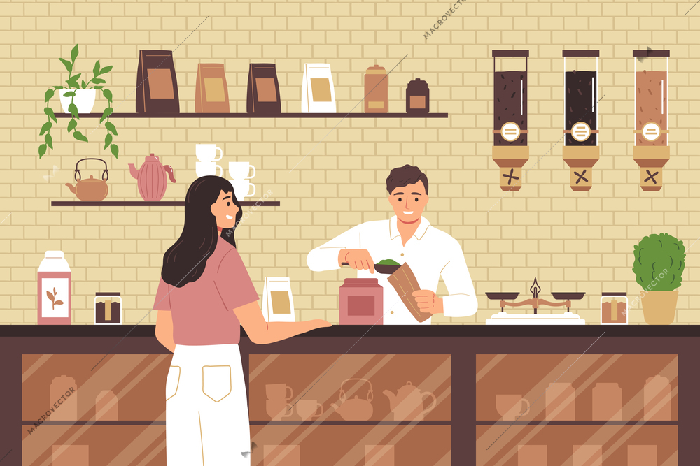 Tea shop concept with salesman and female customer flat vector illustration