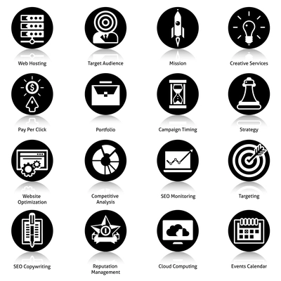 Seo icons black set with web hosting target audience mission creative services isolated vector illustration