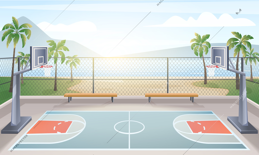 Empty outdoor basketball court in tropical area with sea mountains and sunrise in background cartoon vector illustration