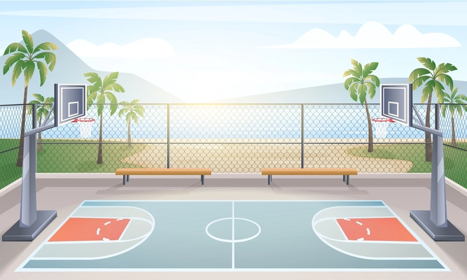 Empty outdoor basketball court in tropical area with sea mountains and sunrise in background cartoon vector illustration