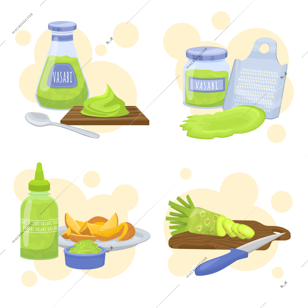 Wasabi sauce flat 2x2 set of isolated compositions with carving board root slices bottles and cans vector illustration
