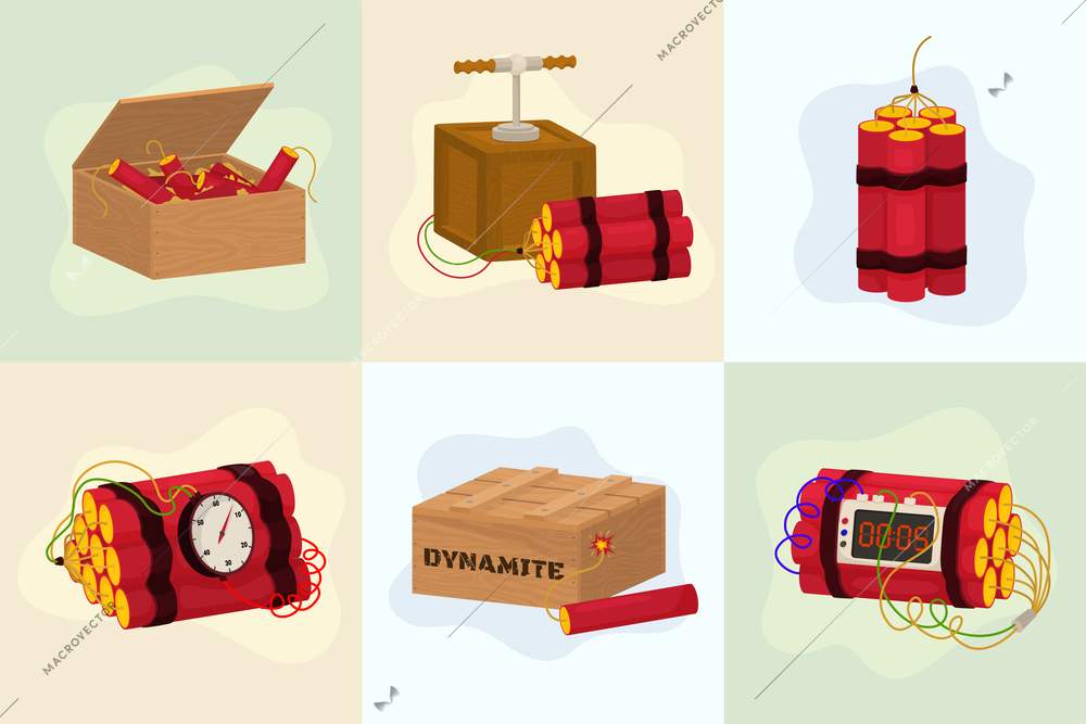 Dynamite bomb flat set of six square compositions with demolition explosives timer clocks and colorful wires vector illustration