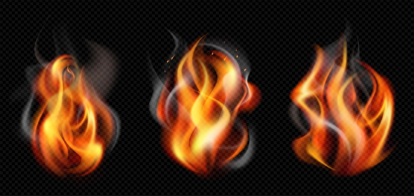 Isolated realistic flame smoke icon set with gray red flames developing in the wind vector illustration