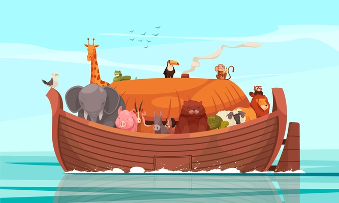 Noahs ark full of animals floating on sea to mount ararat cartoon vector illustration