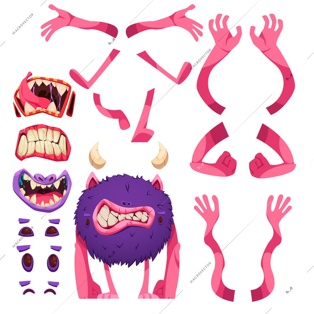 Monster constructor cartoon set of mouth teeth head legs and hands isolated elements for kids game flat vector illustration