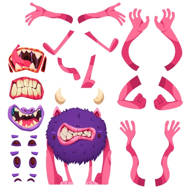 Monster constructor cartoon set of mouth teeth head legs and hands isolated elements for kids game flat vector illustration