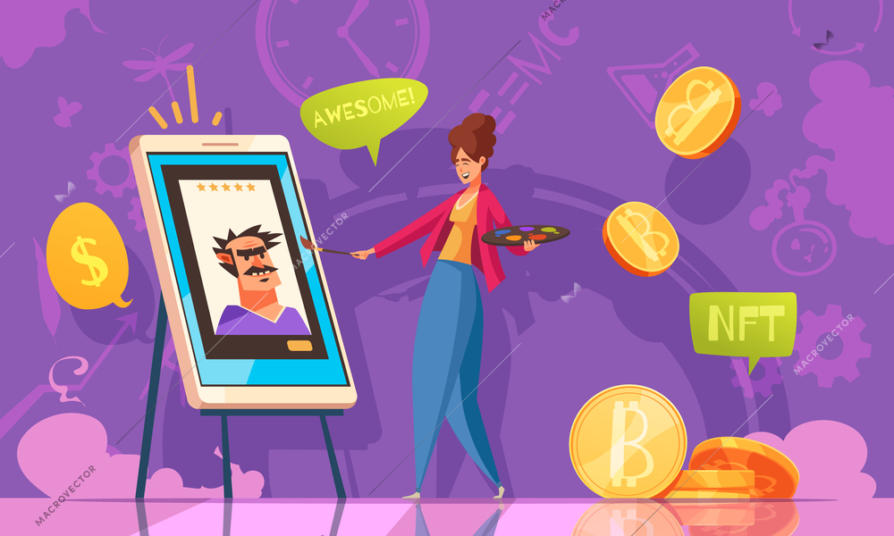 NFT flat colored background with female character painting picture and bitcoin icons around her vector illustration