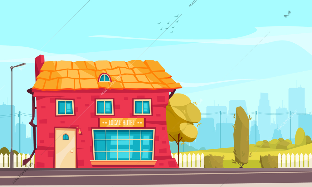 Local hotel flat background with roadside building of small private hotel designed for overnight stays vector illustration