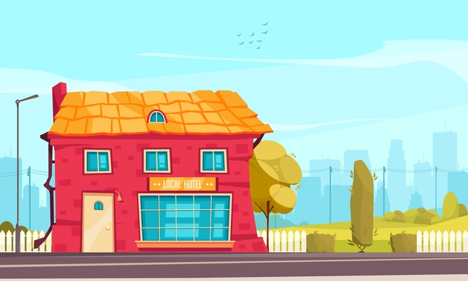 Local hotel flat background with roadside building of small private hotel designed for overnight stays vector illustration