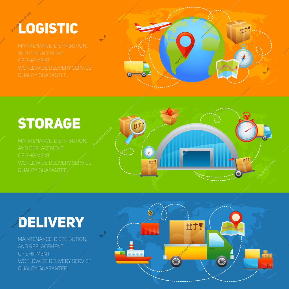 Logistic banner set horizontal banner set with storage and delivery elements isolated vector illustration