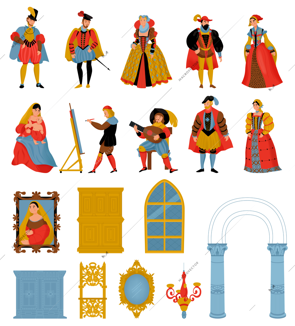 Renaissance old retro fashion style icon set men in medieval costumes women in fancy dresses and interior objects vector illustration