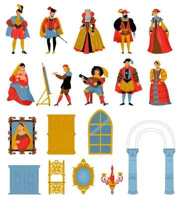 Renaissance old retro fashion style icon set men in medieval costumes women in fancy dresses and interior objects vector illustration