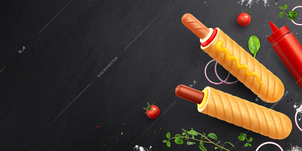 French hot dog realistic composition with set of isolated images with ingredients on top of blackboard vector illustration