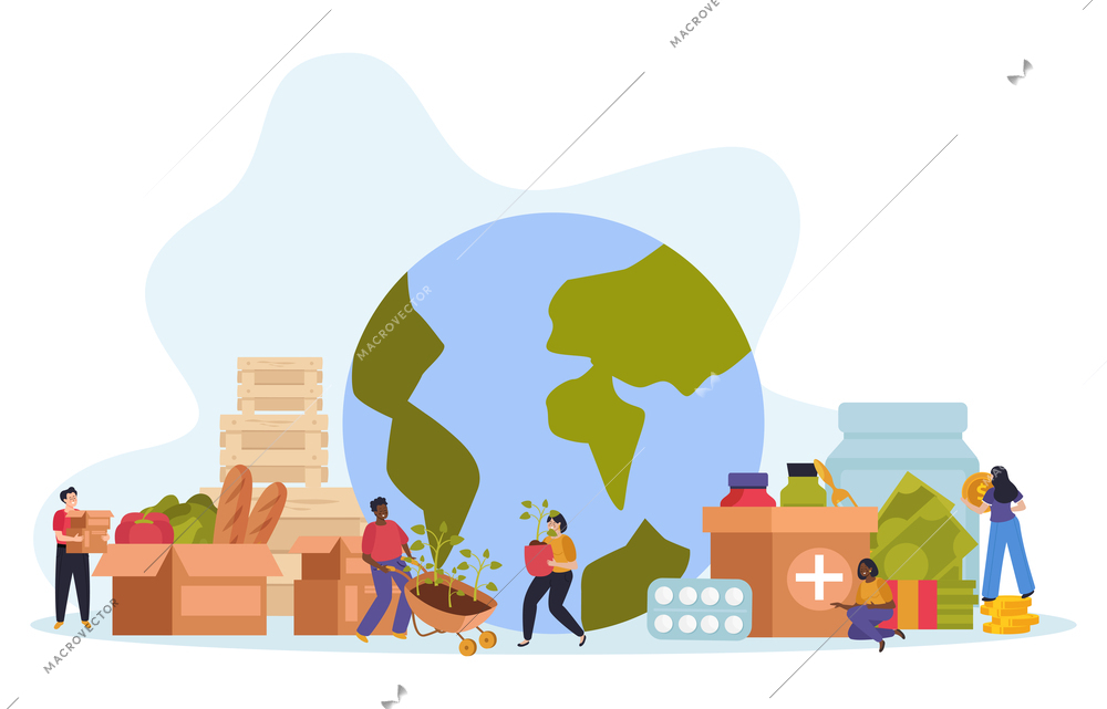 Donation and volunteer work flat background box of groceries, tree planting first aid medicine and other attributes to help vector illustration