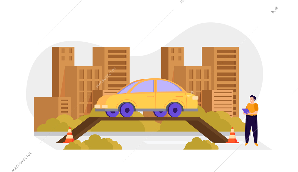 Driving school flat composition instructor trains the student to go up the hill vector illustration