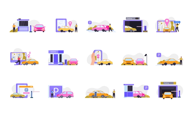 Parking flat colored icon set underground parking street guarded with video cameras and gas station vector illustration