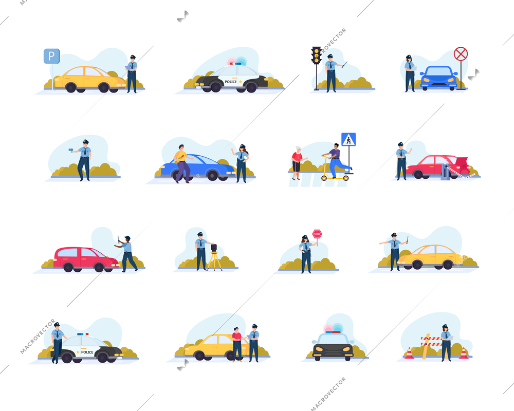 Traffic police flat recolor icon set police officer regulates traffic on the road and monitors violations vector illustration