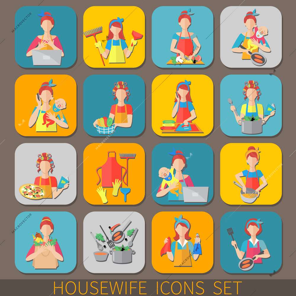 Housewife icons set with women doing housework cleaning cooking isolated vector illustration