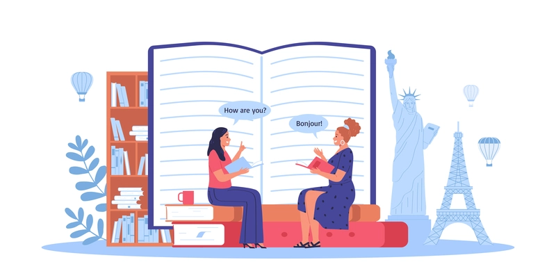 Language course flat composition with women speaking in front of open book vector illustration