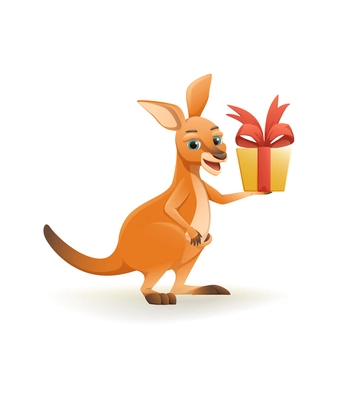 Adorable little kangaroo holding gift box with red bow cartoon vector illustration