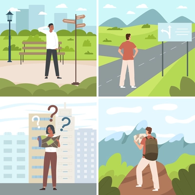 Lost people searching wright way flat scenes isolated posters vector illustration