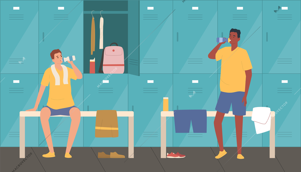 Sportsmen people drinking water in fitness club dressing room flat composition vector illustration