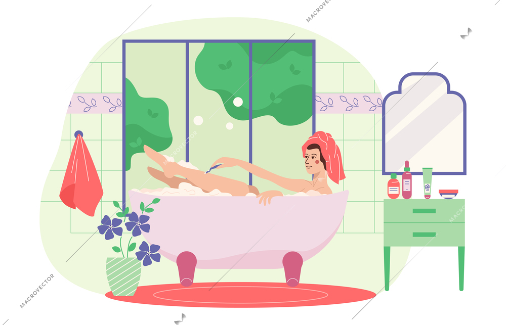 Woman body beauty care flat composition with indoor bathroom scenery and girl relaxing in bath tub vector illustration