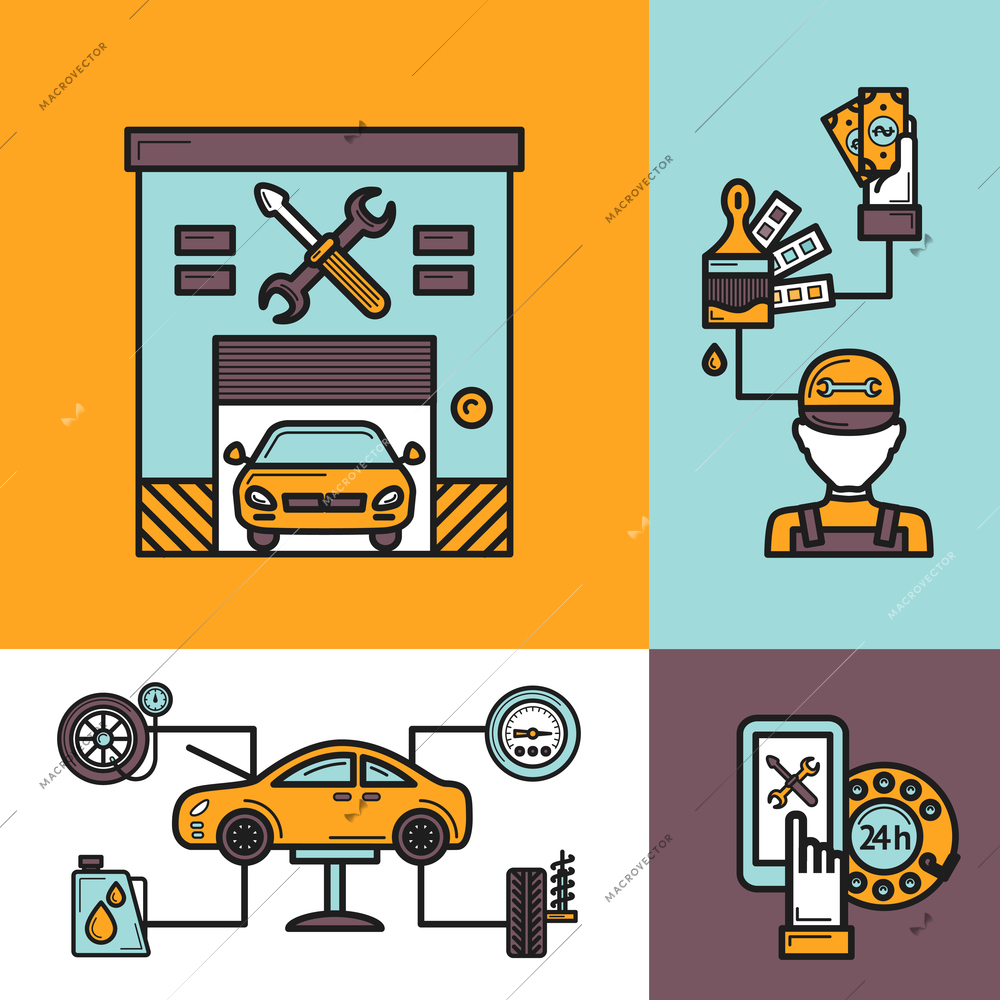 Auto service design concept set with tire engine repair work icons isolated vector illustration