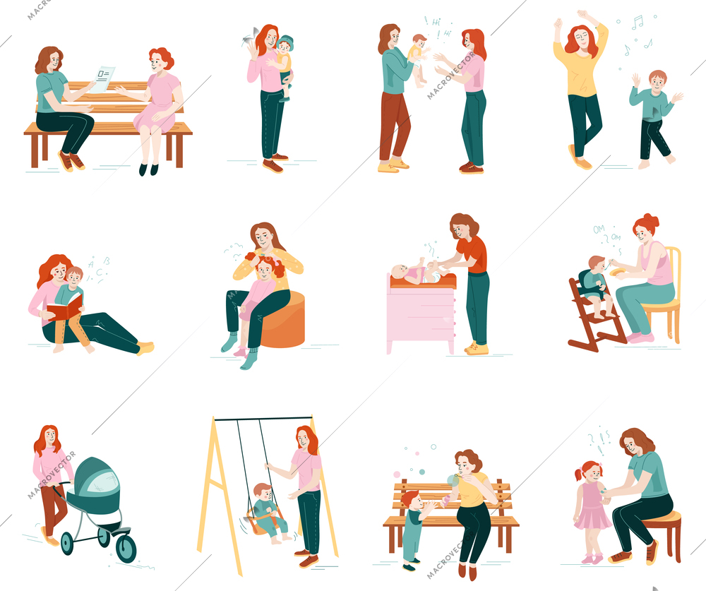 Babysitter flat icon set of isolated human characters with female  nannies and babies of different age vector illustration