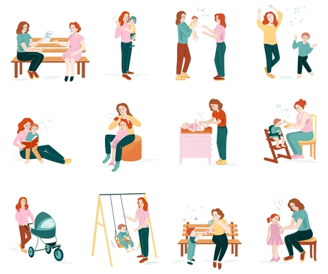 Babysitter flat icon set of isolated human characters with female  nannies and babies of different age vector illustration