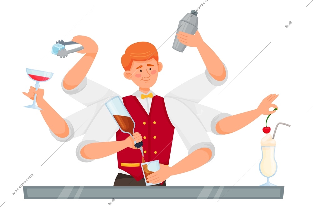 Barman bartender equipment flat composition with doodle character of male bartender with multiple hands holding tools vector illustration